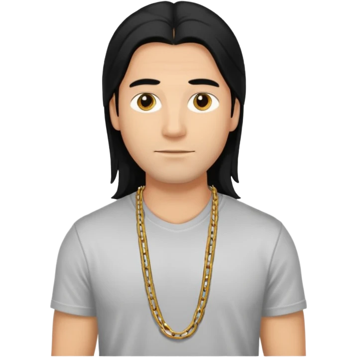 man in his 30s, long straight black hair, wearing a t-shirt and chain necklace, confident look emoji