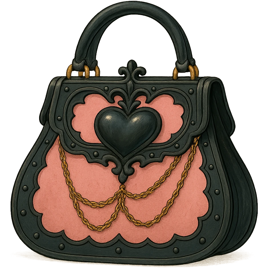 Pink and black gothic purse in Ghibli style, heart-shaped clasp, delicate chains, fantasy vibe, no background emoji