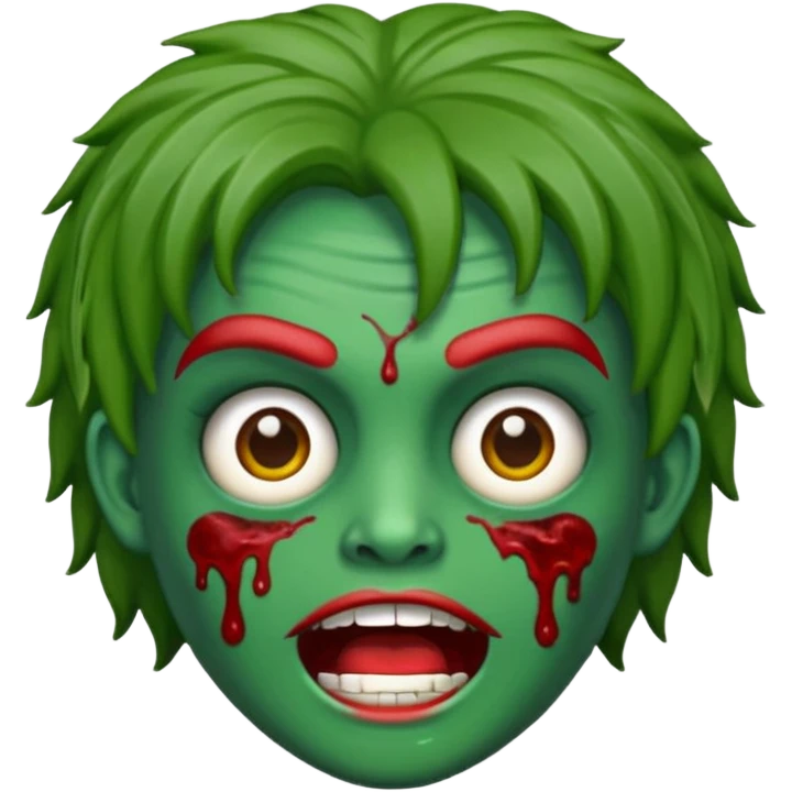 emoji de zumbi estilo WhatsApp, cabeça verde, cabelo cacheado vermelho volumoso, olhos brancos brilhando, expressão divertida e assustadora, cartoon, linhas limpas, fundo transparente, qualidade alta emoji