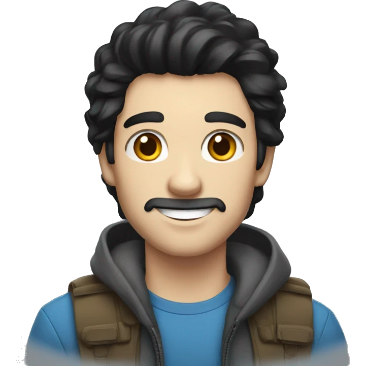 man. black hair, blue eyes, white skin. smiling, adventure emoji