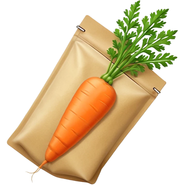 carrot seed packet, small rectangular pouch with a cute, simple illustration of an orange carrot on the front, green carrot leaves visible, minimal emoji style, clean lines, soft shading, white or light brown paper texture, friendly and cartoon-like, suitable for mobile emoji use emoji
