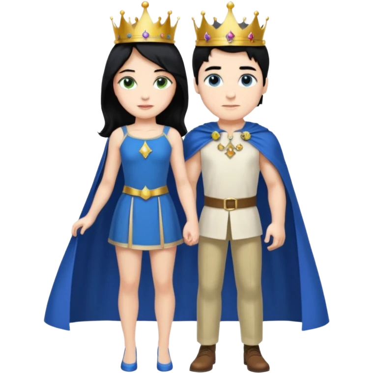 Prince with crown, blue cape and trousers, body and legs, black hair, blue eyes, woman blonde hair, green eyes, sexy white short sleveless dress,  emoji