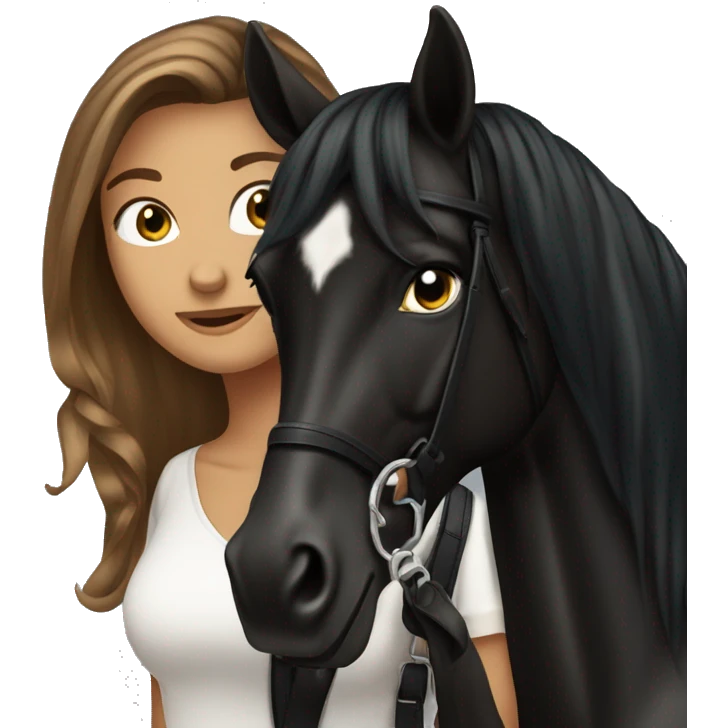 Pretty tanned equestrian woman long hair holding black stallion reins emoji