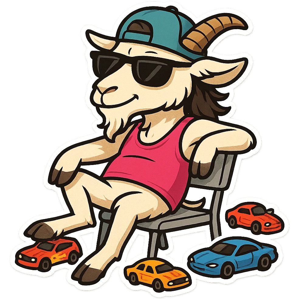 goat for Telegram stickers inspired by reference https://attic.sh/feoducyurkpqwz0la088soao98sx: wearing a cap, glasses, mullet hairstyle, pink drunkard tank top, sitting on a chair, with hot wheels cars emoji