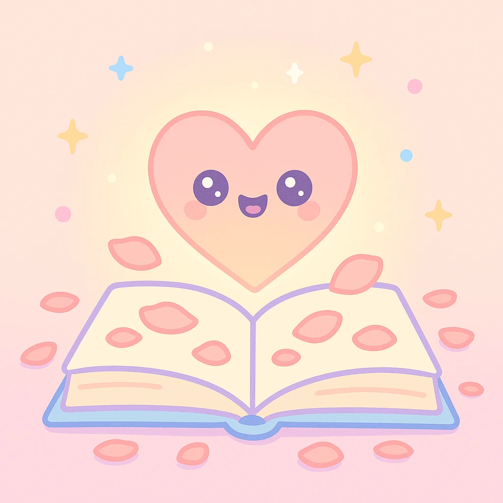 Романтичная иллюстрация в нежных пастельных тонах: открытая книга, из страниц которой вылетает сердце из света, вокруг — лепестки роз, мягкий фон с лёгким свечением. Атмосфера тёплая и мечтательная, в стиле акварели. Подходит для обложки любовного романа. emoji