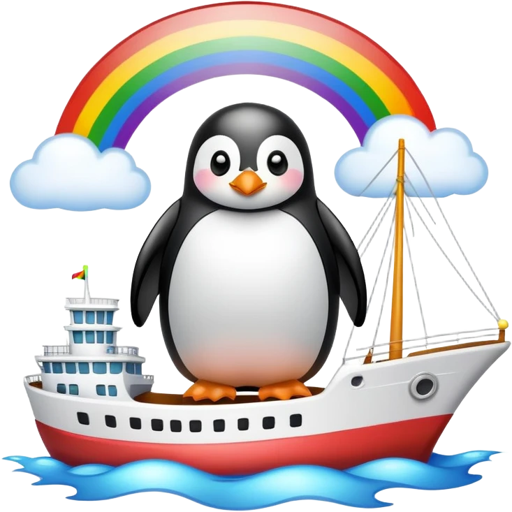 Penguin on a ship with a rainbow overhead. emoji