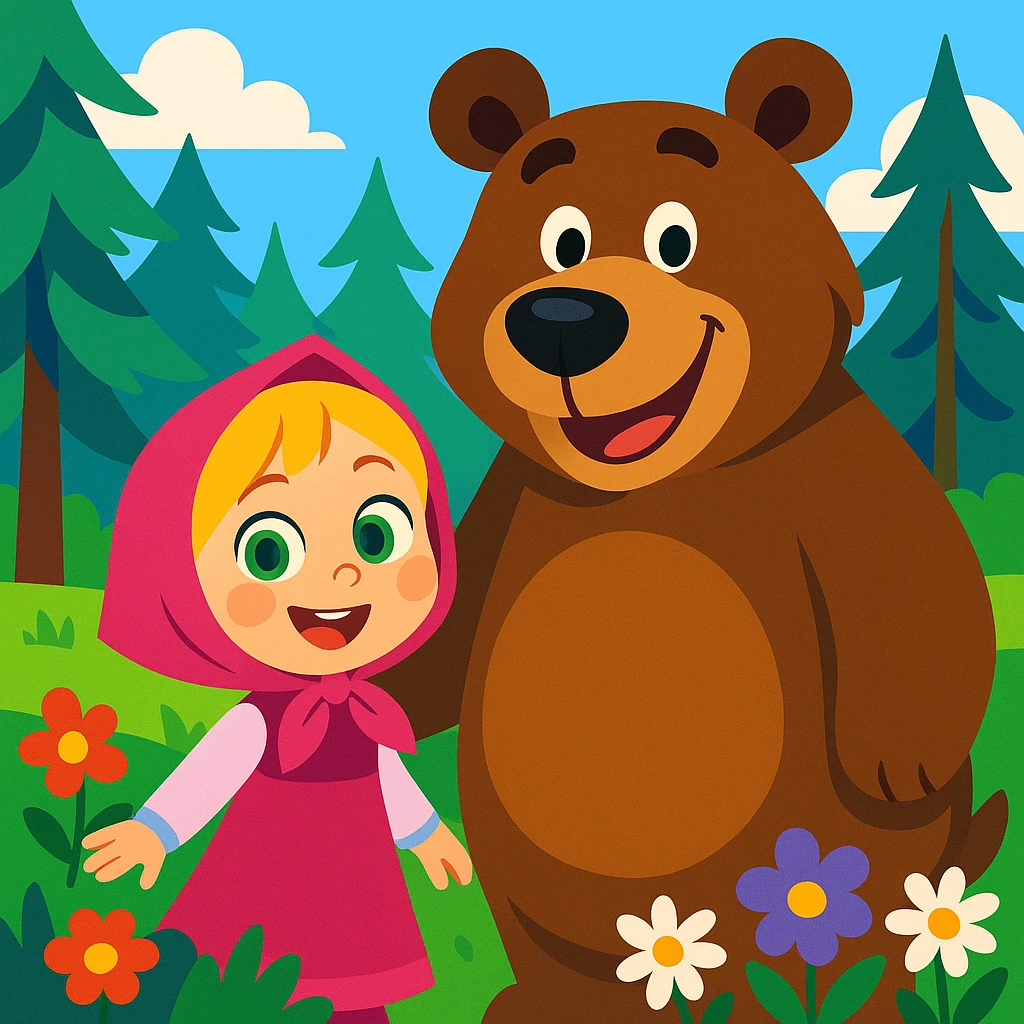 cute cartoon scene: a little girl with green eyes, blonde hair, pink dress and headscarf, smiling next to a big friendly brown bear in a lush green forest with tall pine trees and colorful flowers, bright and clean background emoji