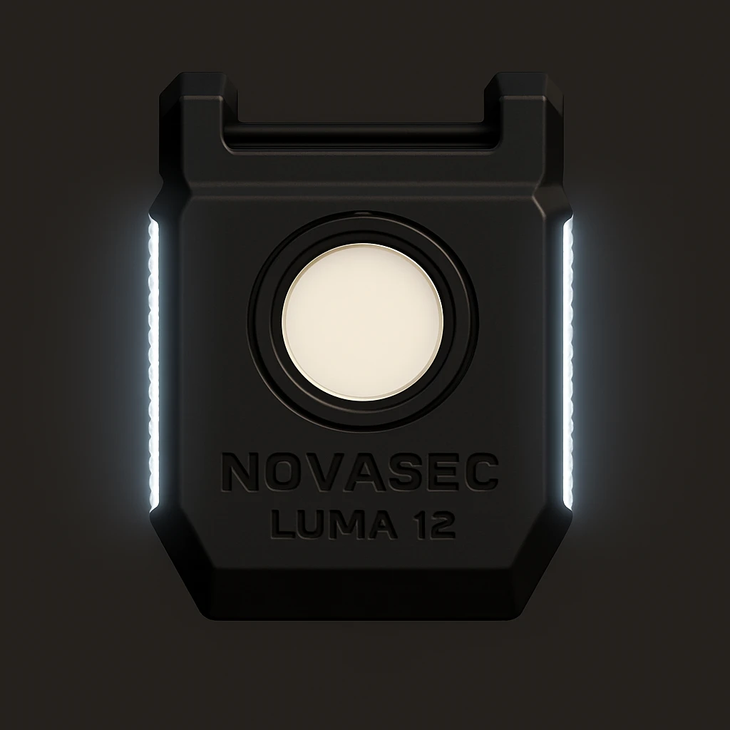 Add a thin white LED light strip along each side of the device, keeping the rest of the design unchanged. Maintain the technical, orthographic front view of the NOVASEC LUMA 12 underbarrel attachment in a detailed, technical style. emoji