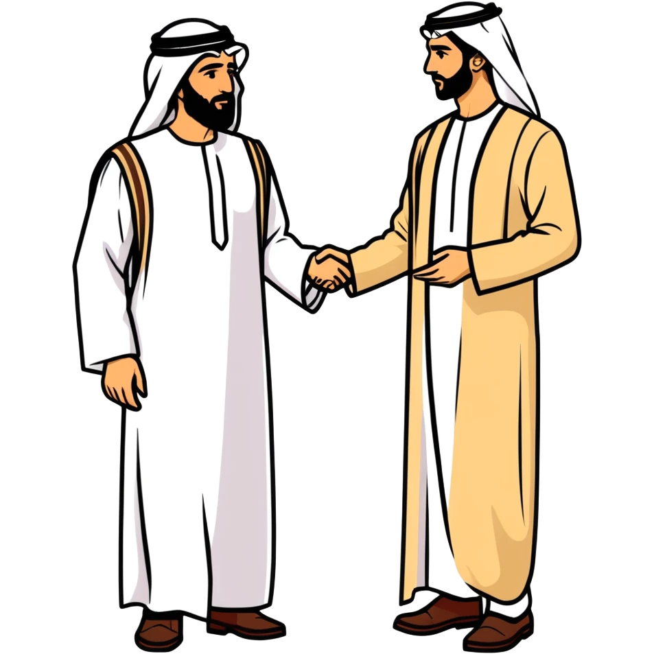 UAE sheikh in traditional clothes standing and talking with a USA businessman in a suit emoji