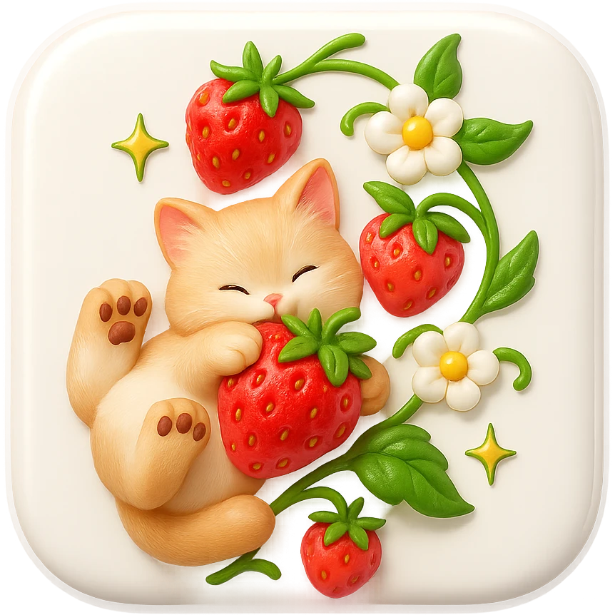 Create a 3D iOS-style square image of a cute cat hugging a strawberry, surrounded by strawberry vines, flowers, and leaves. Use soft lighting and a glossy effect. The image should have no background and maintain 1:1 proportions. Style hint: GPT Image style with 3D iOS aesthetics. emoji