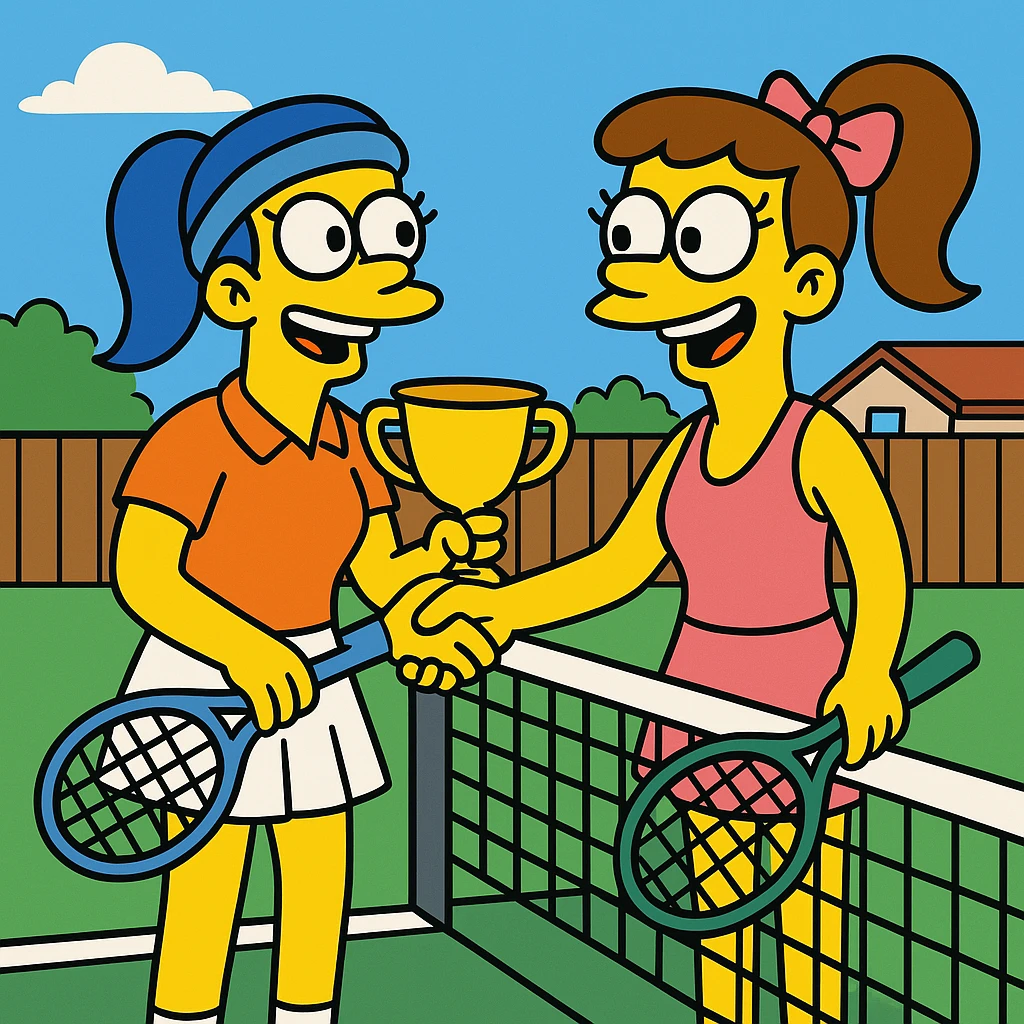  2 female tennis players standing on tennis courte. Congratulating each other shaking hands and smiling, one of them is holding a cup for winning.  emoji
