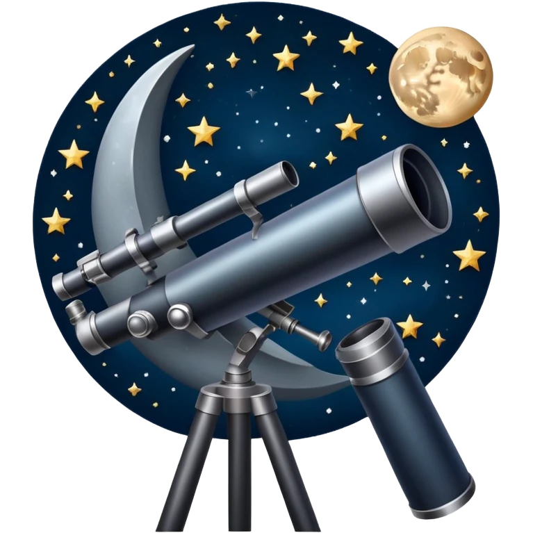 An icon featuring a telescope, stars, and a planet, symbolizing astronomy. The design includes a crescent moon, distant galaxies, and constellations, representing the study of space and celestial bodies. Transparent background highlights the exploration of the universe and cosmic phenomena. emoji