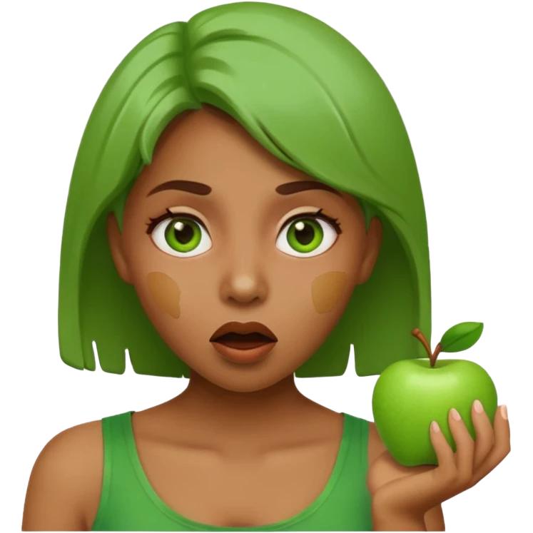 woman with green paint on her face, surprised expression, apple style emoji emoji