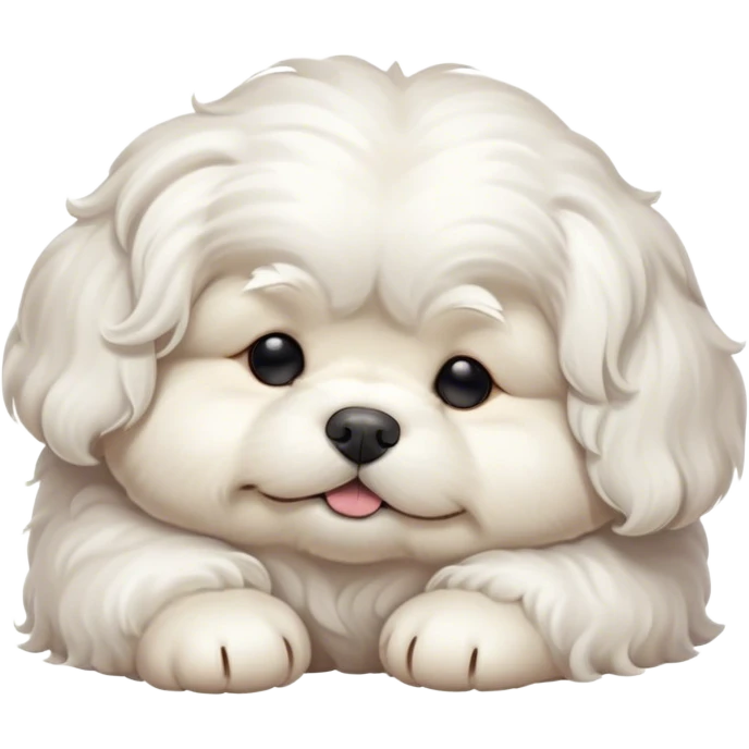 Cinematic Meme-Worthy Chubby Sleeping Wavy-Haired Maltese dog Portrait Emoji, Head resting peacefully with a contented smile, featuring a delightfully chubby build and a luxuriously soft, wavy-haired white coat, eyes shut in a serene nap, Simplified yet hilariously adorable features, highly detailed, glowing with a soft, drowsy light, high shine, relaxed and utterly lovable, stylized with an air of playful laziness, bright and endearing, soft glowing outline, capturing the essence of a comically sleepy companion, so meme-worthy it feels like it could instantly become the next viral sensation of adorable slumber! emoji