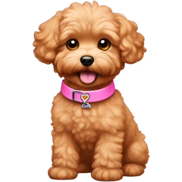 Red  maltipoo with the name maple on a pink collar happy looking emoji