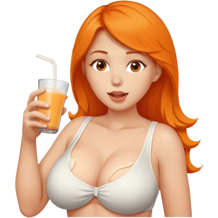 Bare skin woman, with very large breast and big nipples, she sticks her orange out with saliva, she was holding glass of milk, milk spilled on her chest emoji