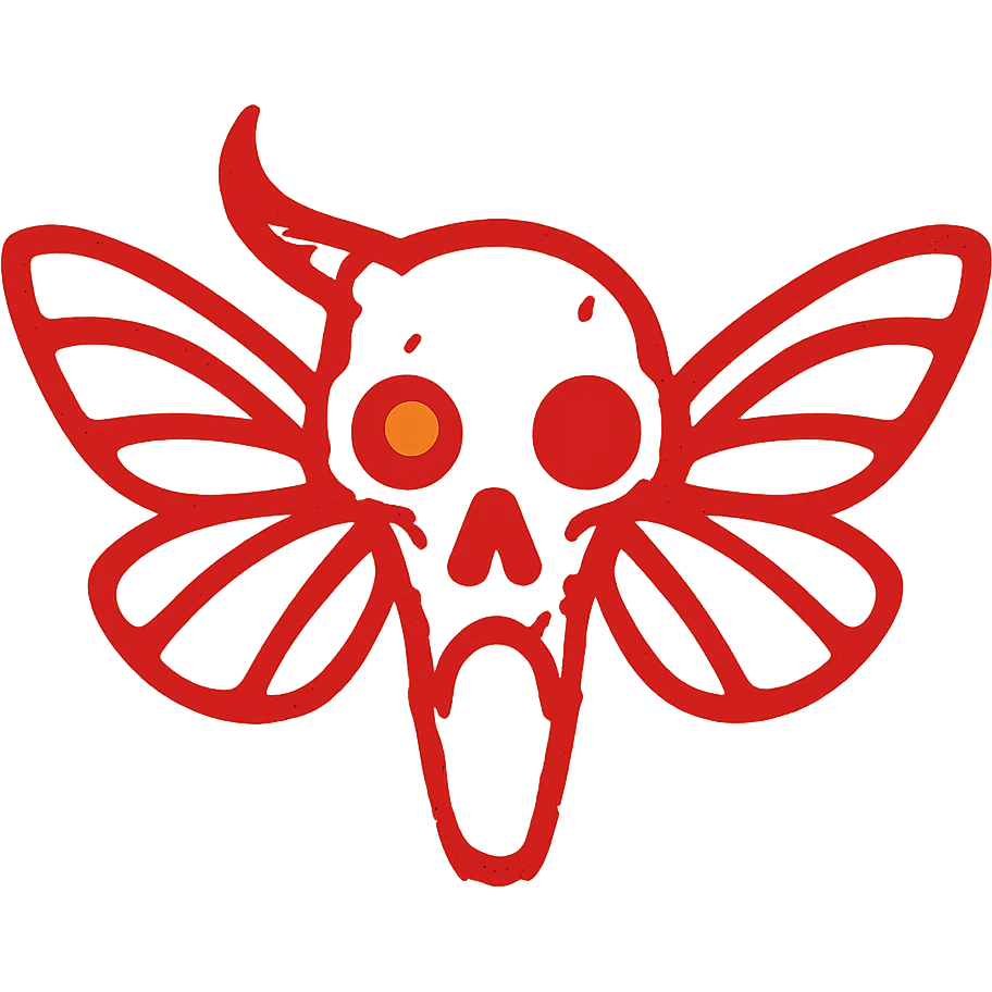 maximum horror: an extremely minimalist red line art of a single fused minotaur-stoat skull with broken horn and one glowing eye, with moth wings, completely hollow/transparent middle, severe deterioration around edges, 100% red color only, sparse horrifying thin lines, most of perimeter missing, like ancient blood sigil emoji