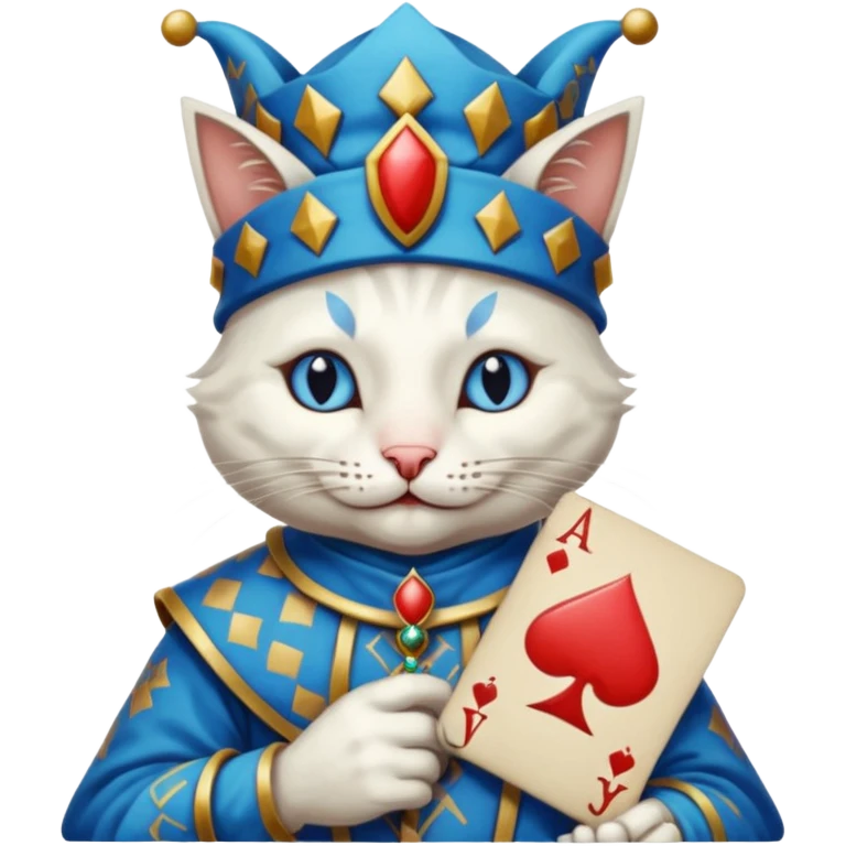 crazy colorful cute little cat jolly joker from poker, medieval, vintage, court jester, mac os icon, blue color, poker cards emoji