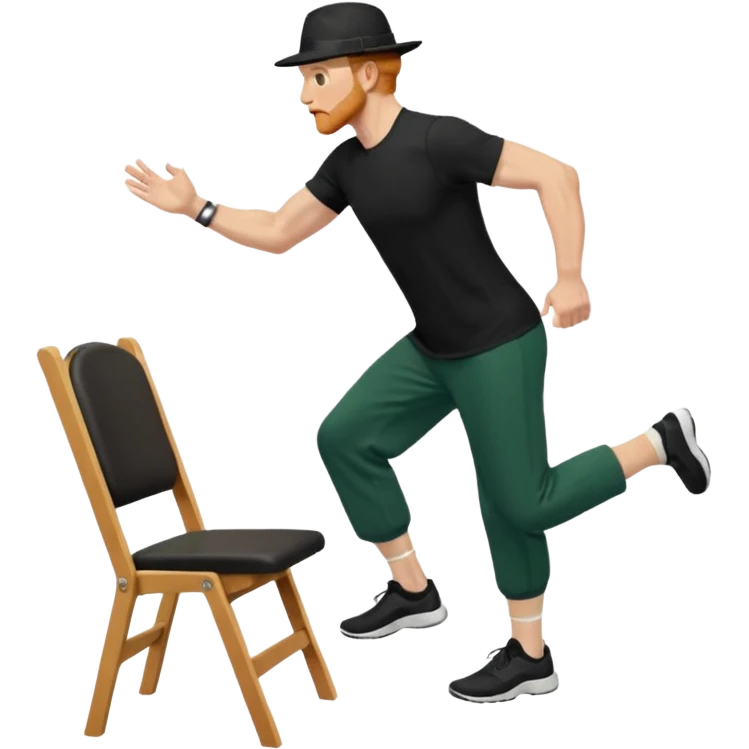 גבר זקן ג'ינג'י מלא כובע שחור הפוך חולמה שחורה ומכנסיים ירוקות ארוכות מבצע תרגיל לאנג' בתמיכת כיסא מהצד שתי רגליים על הרצפה מח^זיק כיסא בידו  תמיכה קלה ידו על משענת הכיסא emoji