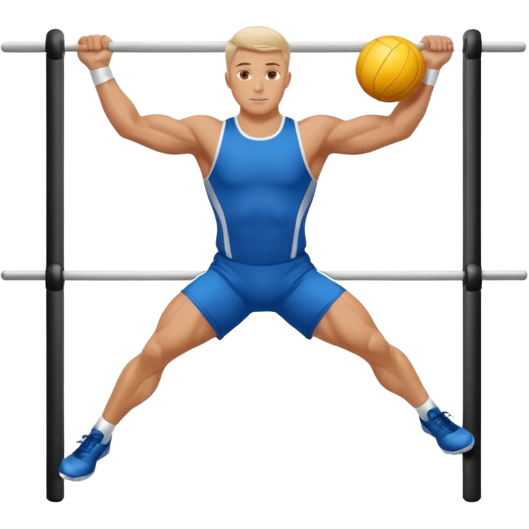 white sportsman in the playground with ball, dressed  in sport suit on sports horizontal bars emoji