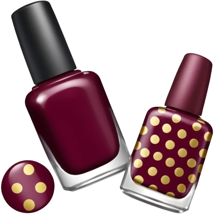 burgundy nail polish bottle, nail polish has light gold iridescence, cap is black with white polka dots, cinematic emoji emoji