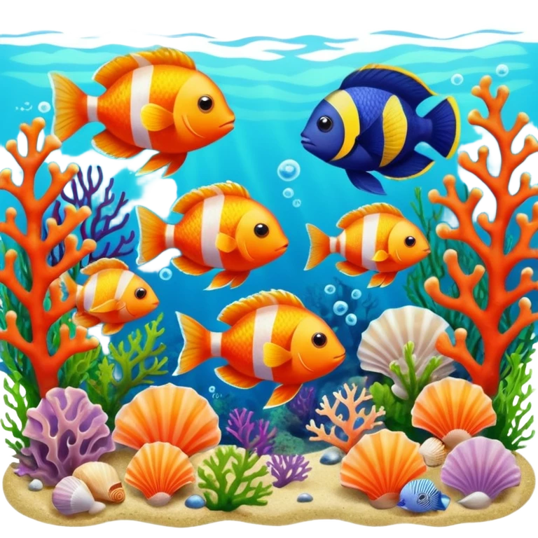 Realistic and exotic fishes swimming among algae and seashells  emoji