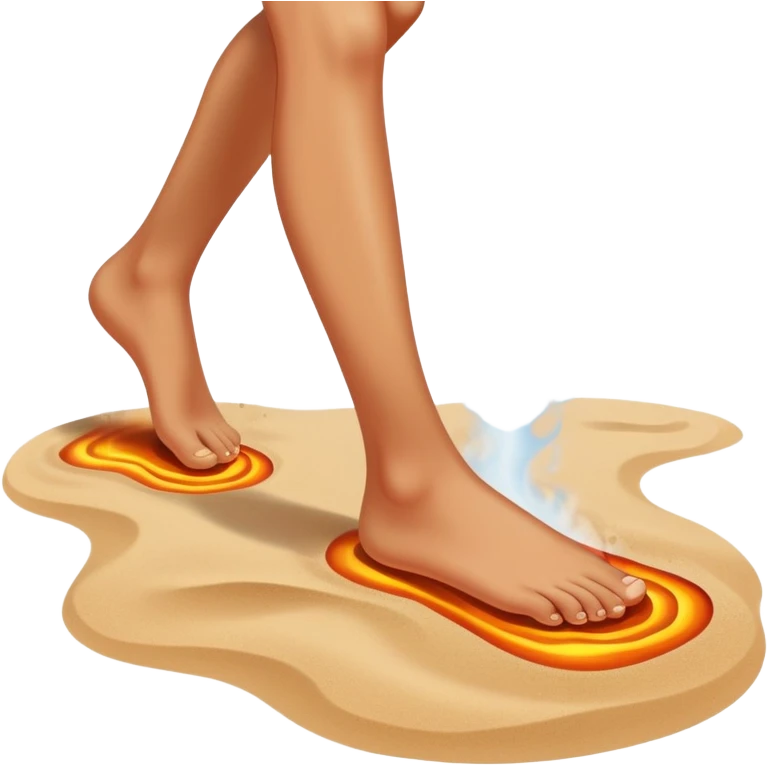 bare foot taking a step on extremely hot beach sand with heat waves and steam rising, showing discomfort without blood emoji