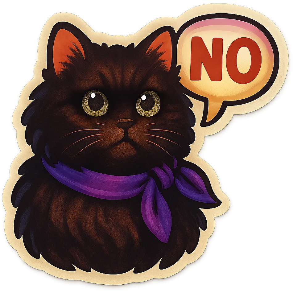 Fluffy dark-brown cat with green eyes and a purple scarf saying ‘NO’ (with a speech bubble) emoji