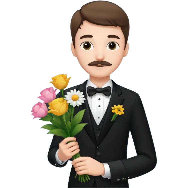 generate an ios genmoji of a 20 year old fair boy with very few mustache hair, carrying a flower bouquet, wearing a tux emoji
