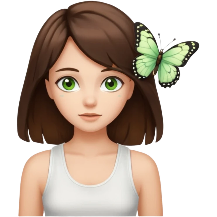 girls with long brown hair, green eyes, a white tank top, and a butterfly haircutbrunette girl with green eyes emoji