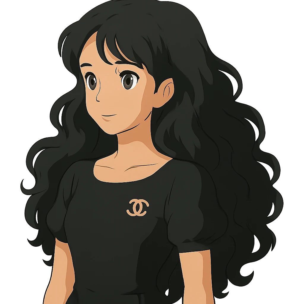 light skin girl with black very long curly hair, brown eyes, wearing a black Chanel dress, in ghibli style emoji