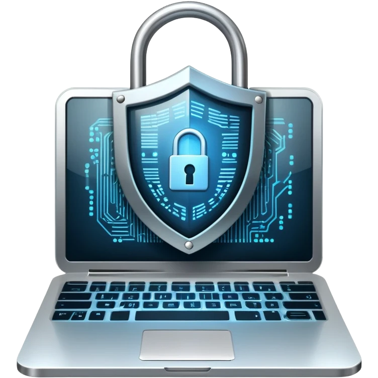 An icon featuring a digital shield with a lock, binary code, symbolizing cybersecurity. The design includes a laptop, warning icons, and secure network nodes, representing protection against cyber threats. Transparent background highlights digital safety and defense. emoji