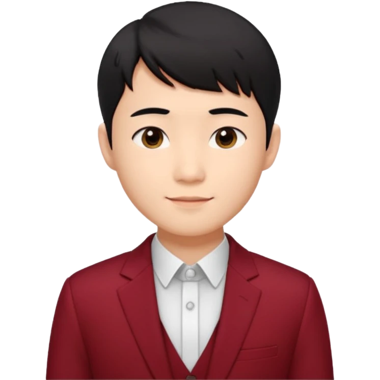 handsome Asian man emoji, short black hair with soft fringe, clean and elegant look, fair skin, gentle smile, wearing dark red suit and white shirt emoji