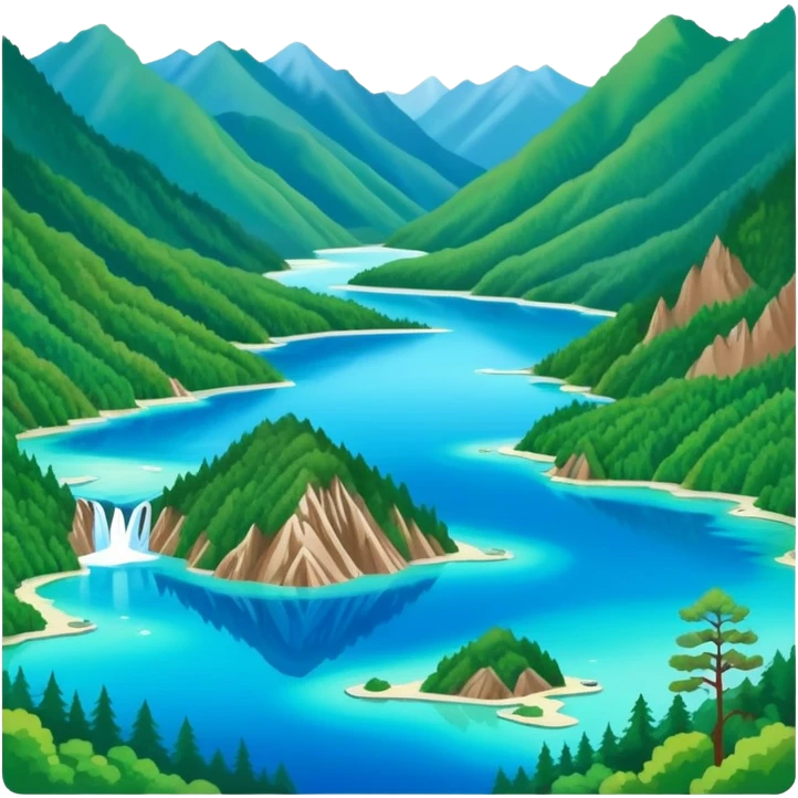 Jiuzhaigou Valley colorful lakes, simplified emoji style with bold outlines and bright colors, cartoon style blue water with mountains emoji