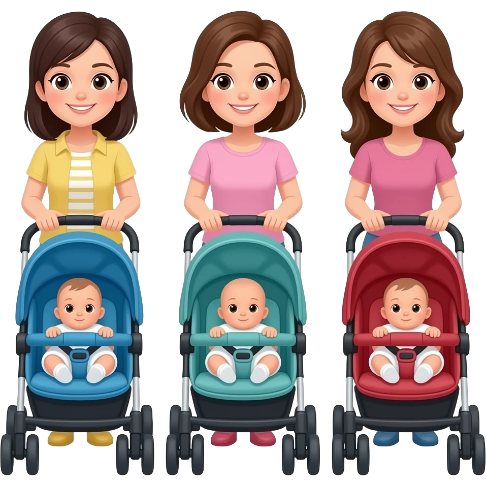 3 mothers pushing strollers with newborn emoji