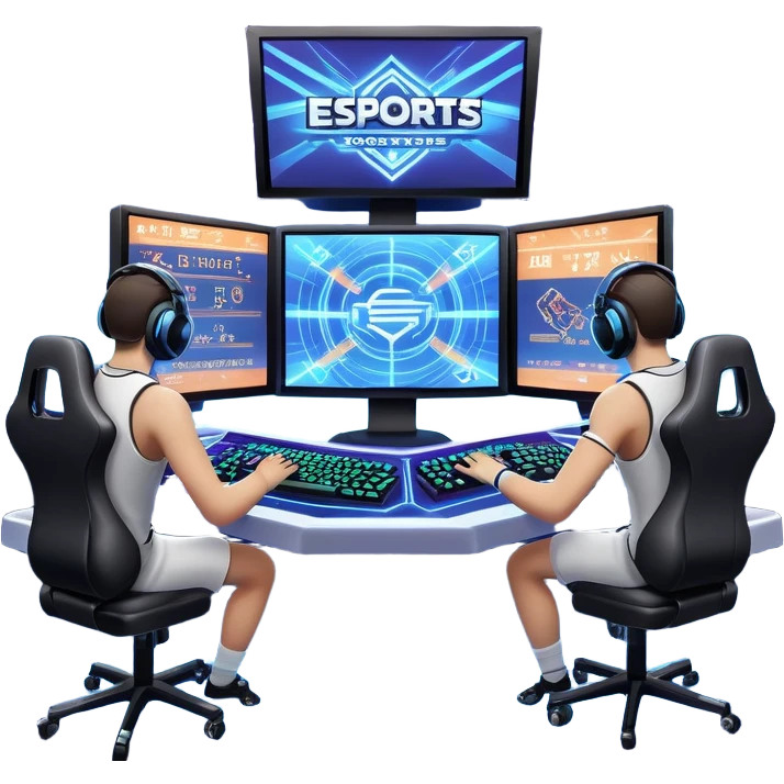 An icon featuring a gaming monitor displaying an intense esports competition, with players' hands on controllers and keyboards. A digital scoreboard and glowing energy lines surround the scene, symbolizing the excitement of competitive gaming. Transparent background highlights the world of esports. emoji