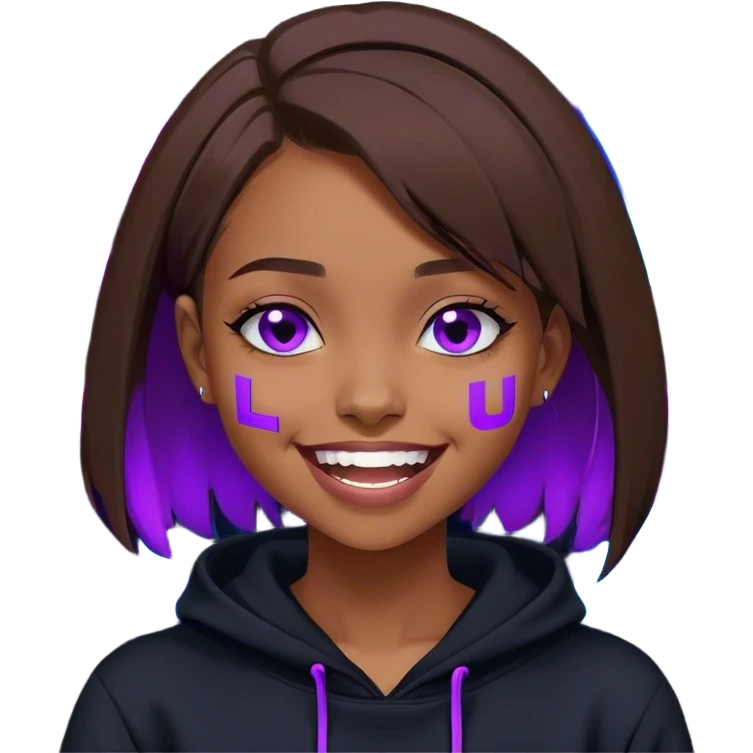 brown haired girl with a bob and blue eyes wearing black hoody with violet letters "Lu", laughs. Cyberpunk style. Violet neon. emoji