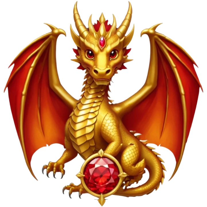 Golden Dragon with golden wings golden crest/brosch in a golden circle with red gems emoji