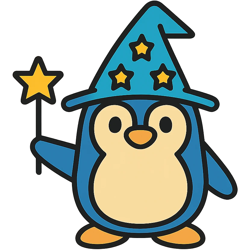 A penguin wizard wearing a wizard hat and holding a magic wand. emoji