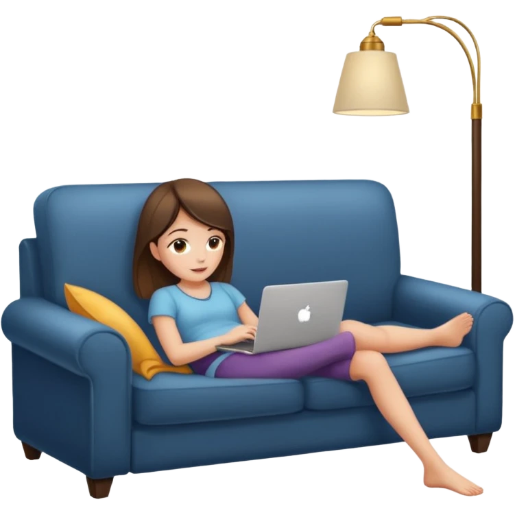 A girl is working with a laptop while lying on a sofa, with a floor lamp to the right. emoji