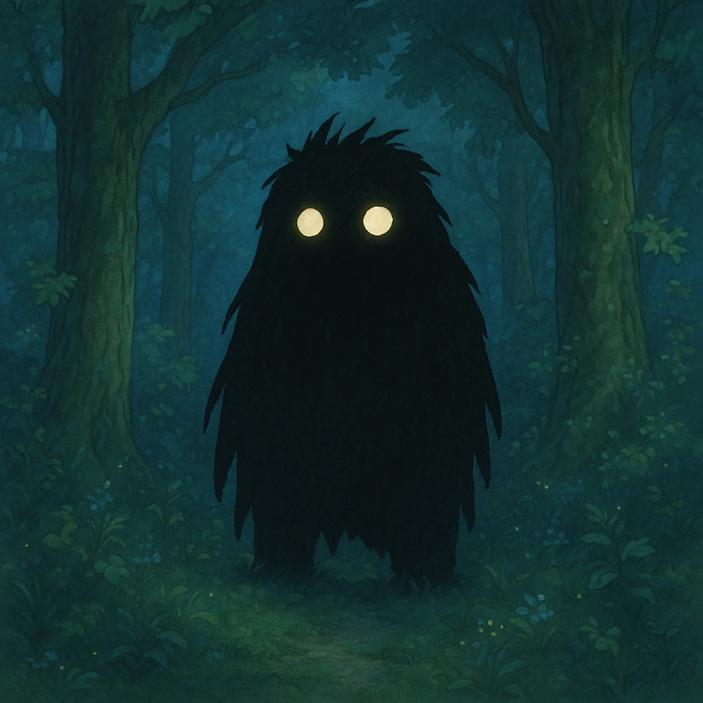 mysterious shadowy monster with glowing eyes in a magical forest background in ghibli style emoji