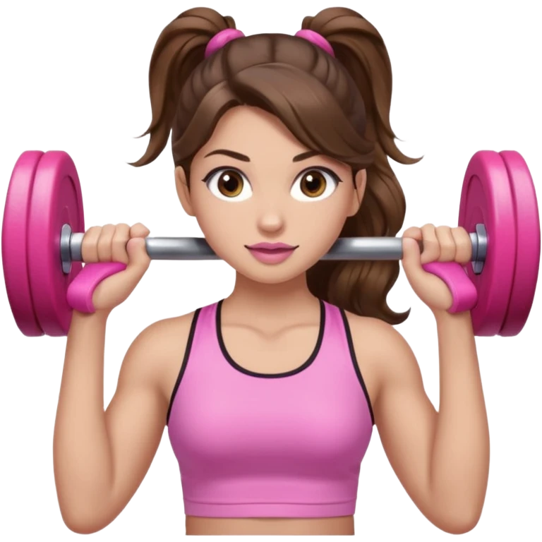 girl with wavy long ponytail brown hair, brown eyes, light to medium complexion, long lashes, light pink lipstick, wearing light pink shirt, lifting pink weights in a sports top emoji