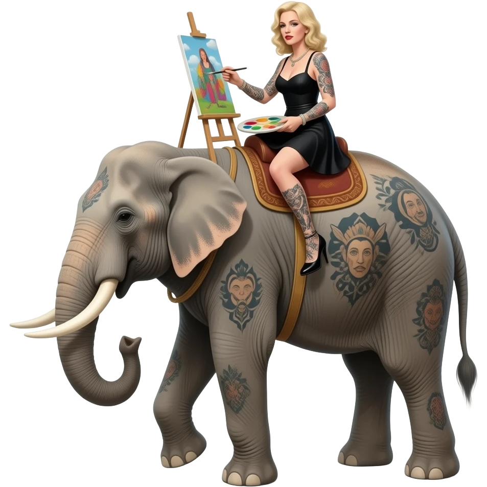 steampunk - a tattooed elephant with long legs from Salvador Dali's paintings carry artist Madonna on their backs emoji