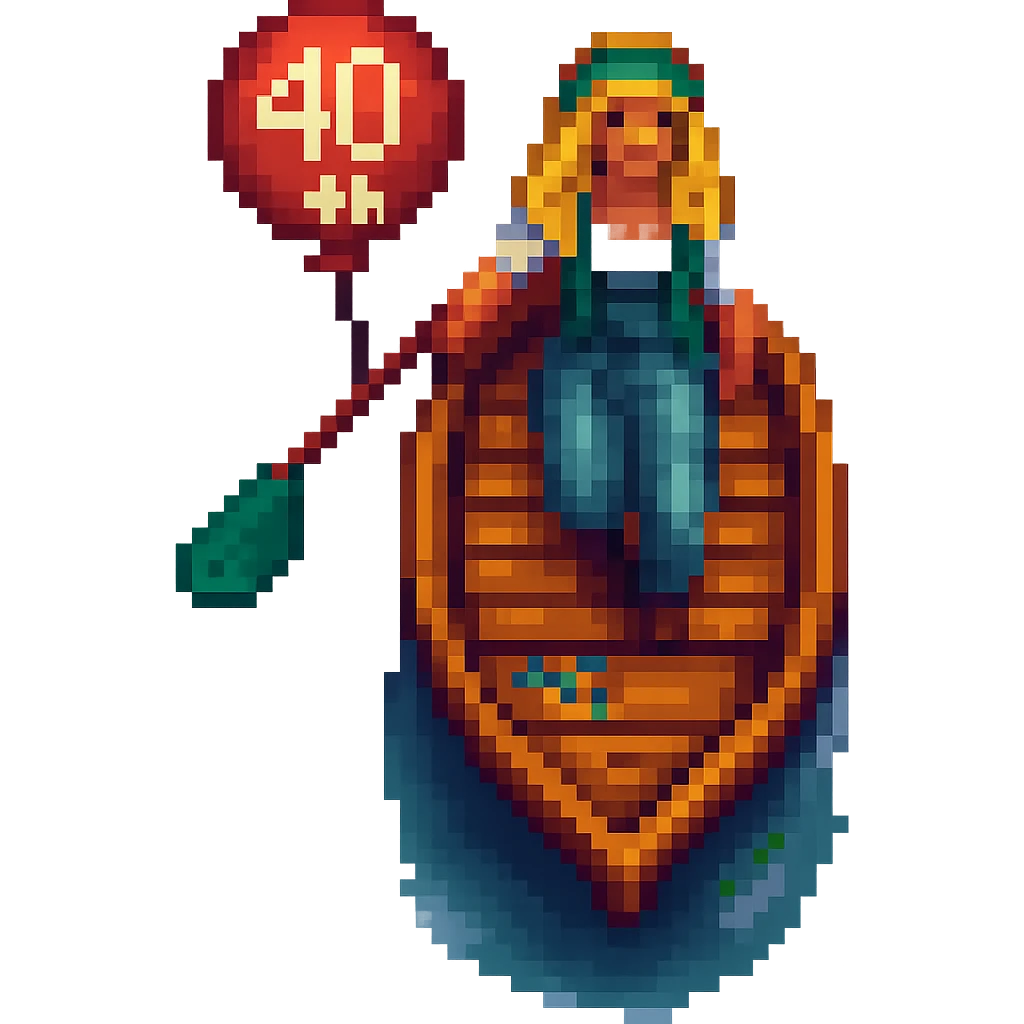 Make the woman have blonde hair and give her a 40th birthday balloon in a pixel art style, with no background. emoji