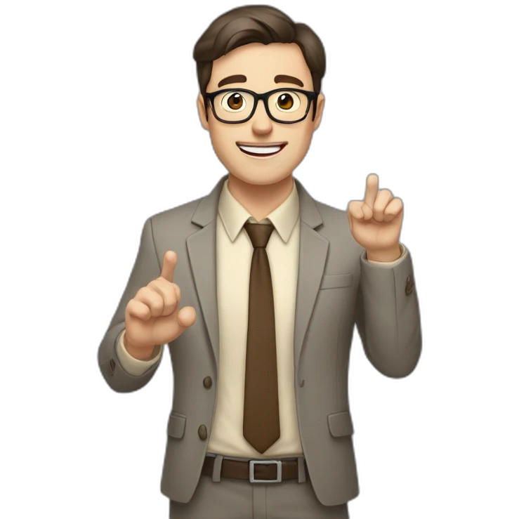 To belt Actively gesturing with hands Okay Pale skinned fit man with dark brown hair in gray jacket, beige office shirt, brown tie, brown pants and vintage glasses. emoji