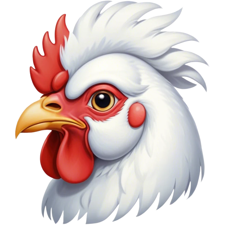 Cinematic Noble White Rooster Portrait Emoji, Poised and regal, with a robust, commanding build and a pristine, well-groomed pure white plumage, deep-set soulful piercing eyes, Simplified yet sharp and sophisticated features, highly detailed, glowing with a soft, dignified glow, high shine, intelligent and proud, stylized with an air of barnyard majesty, focused and attentive, soft glowing outline, capturing the essence of a watchful and confident leader, so majestic it feels as though it could crow out of the screen with effortless authority! emoji