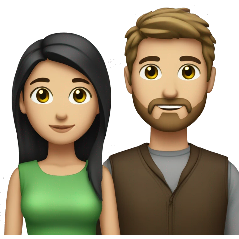 Create a emoji of a couple. The boyfriend has straight brown hair, a beard and green eyes. The girlfriend has long black hair and brown eyes emoji