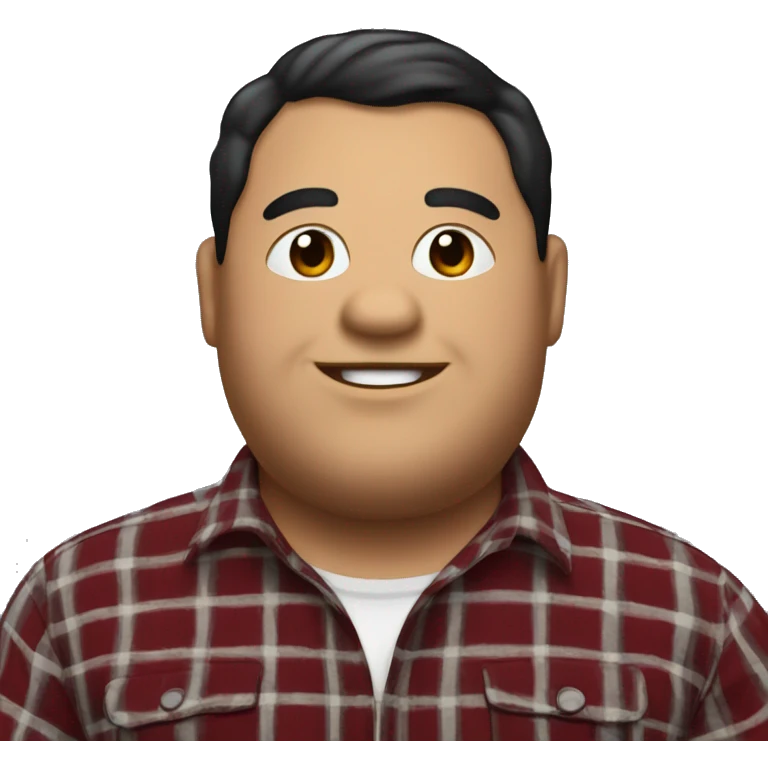 Fat man wearing a darkred and black plaid flannel shirt profile picture, happy, black hair emoji