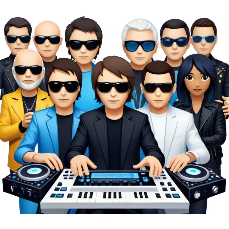 Icon for Electronic Music: Jean-Michel Jarre, Moby, DJ Tiesto, and Jorn van Deynhoven performing with synthesizers, turntables, and futuristic lighting effects. The design should evoke the vibrant and immersive atmosphere of electronic music festivals. Transparent background. emoji