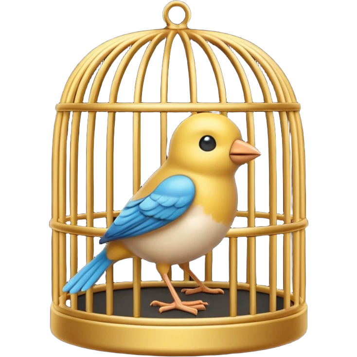 “3D emoji of a small bird inside a golden round cage, in Apple Memoji style. Soft studio lighting, glossy finish, black background, minimalistic and centered composition.” emoji
